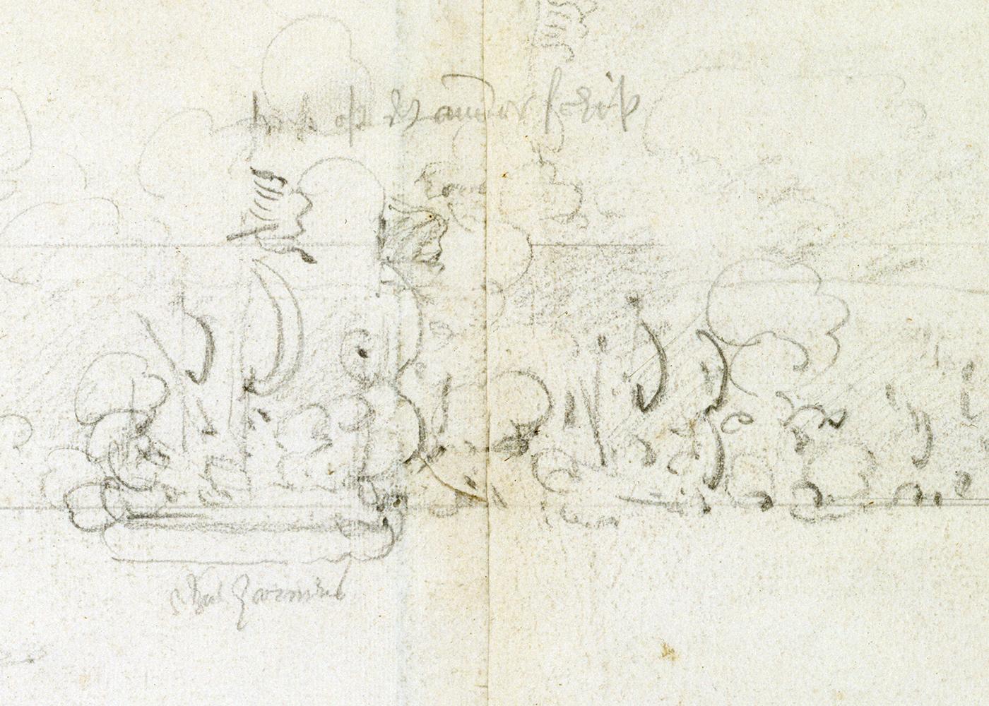 A section of a rough sketch made during a major naval battle. Tall ships are barely visible against the white paper, but the pencil marks suggest the sketch was made quickly while in the middle of the battle itself