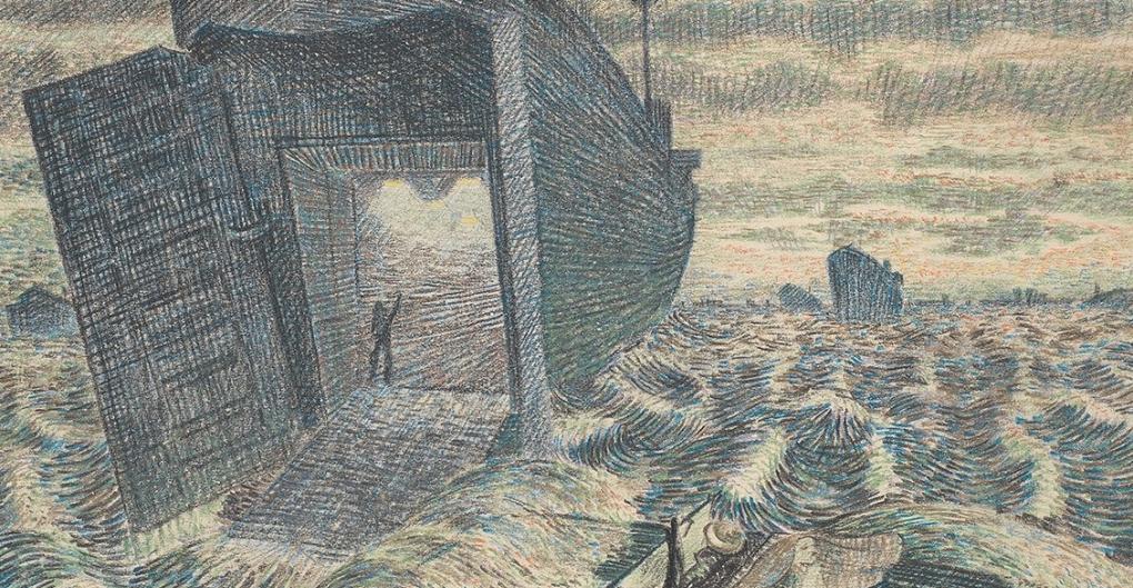 'In the last light of D-Day a medical DUKW takes us to the Hospital ship' - drawing by John Charles Wood Heath (PAJ2924)