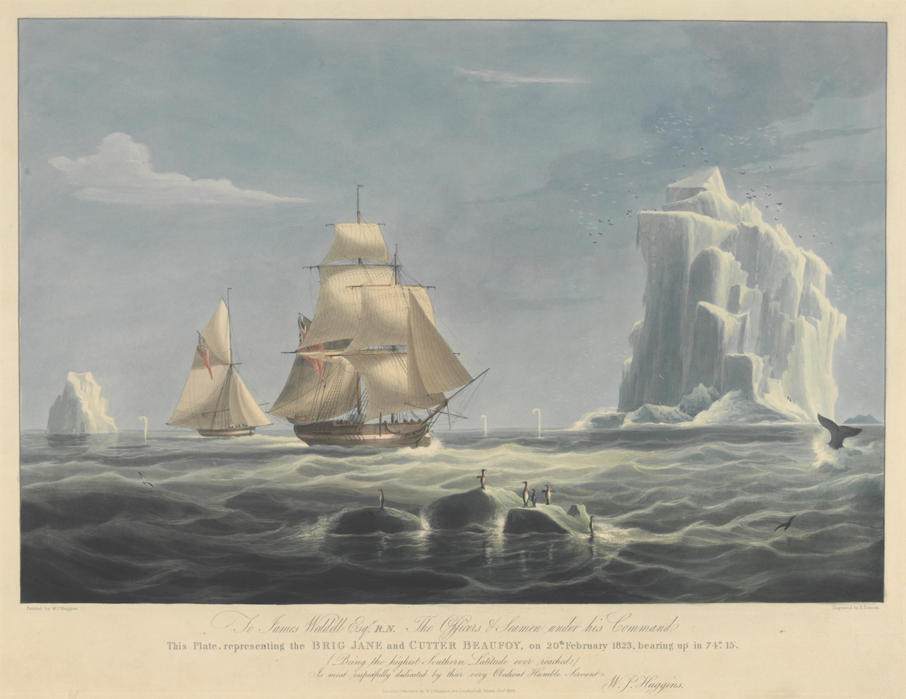 To James Weddell, Esqr R.N... the brig Jane and cutter Beaufoy on 20th February 1823, bearing up in 74o 15' (Being the highest Southern Latitude ever reached)