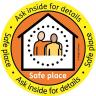 Image shows a cartoon of two people inside a house. The text reads 'Safe place. Ask inside for details'
